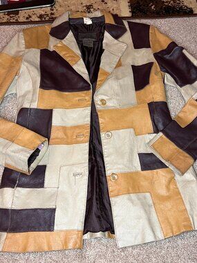 Brandon Thomas Leather Brown Neutral Patchwork Blazer Jacket Vintage Size Small